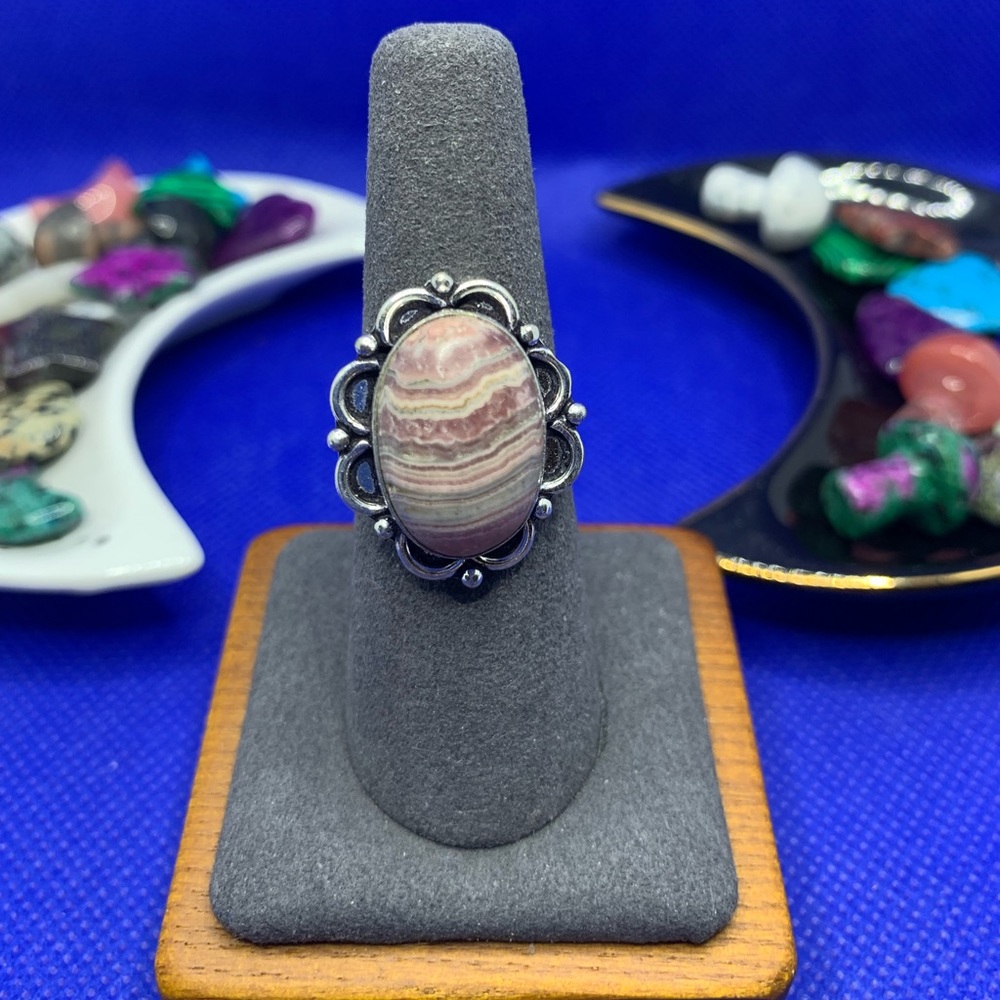 Banded Rhodochrosite Ring! .925 Sterling Silver Plated, Size 7.5